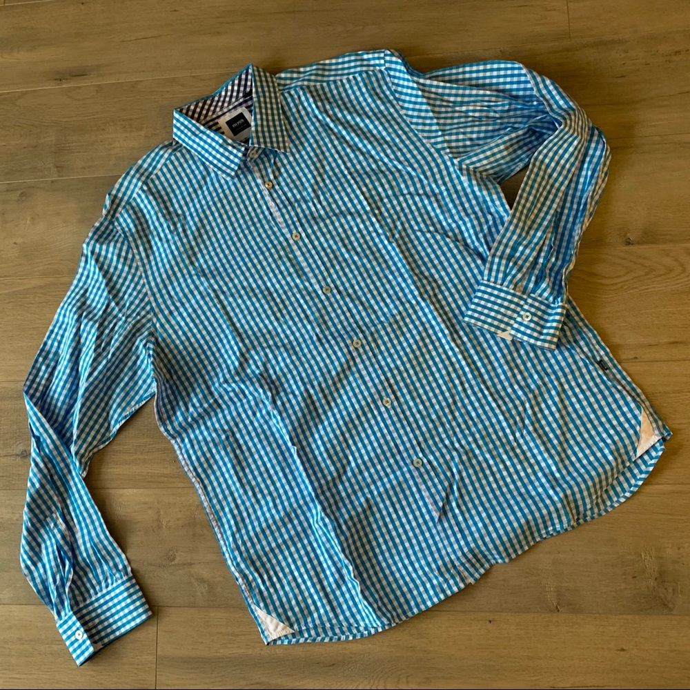 Hugo Boss Checker / Gingham Teal and White Oxford